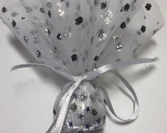 Tulle Circles | 9" White with Silver Glitter Polka Dots | 50 pieces per pack | Wedding Favors | Bridal Shower Favors