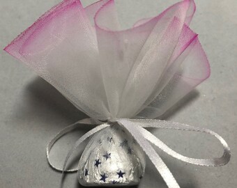White Tulle Circles with Fuchsia Edging | Wedding Favor Supplies (50 pieces)
