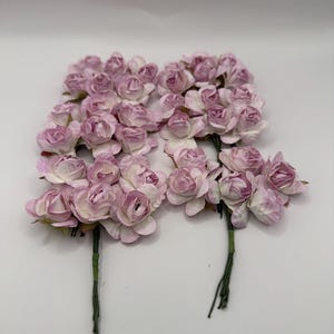 24 Small Paper Lilac Flowers, w/Light Green Leaves, Giftwrap for Favors for Showers, Weddings, birthdays, or for Paper crafts.
