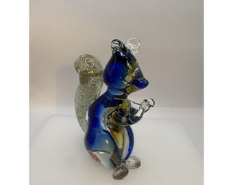 Figura de ardilla de cristal artístico de Murano, azul ámbar, soplada a mano con etiqueta de Murano, vintage.