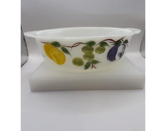 Cazuela ovalada vintage Fire King pintada a mano con diseño de frutas y estilo gay, VG 487