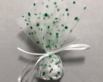 Tulle Circles | 9" White with Green Polka Dots Tulle Circles | 50 pieces per pack | Wedding Favors | Bridal Shower Favors | Almond Favors