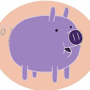 May include: A cartoon illustration of a purple pig with a dark purple snout, ears, and small eyes. The pig is set against a peach-colored oval background. The pig has a curly tail and a smiling expression.