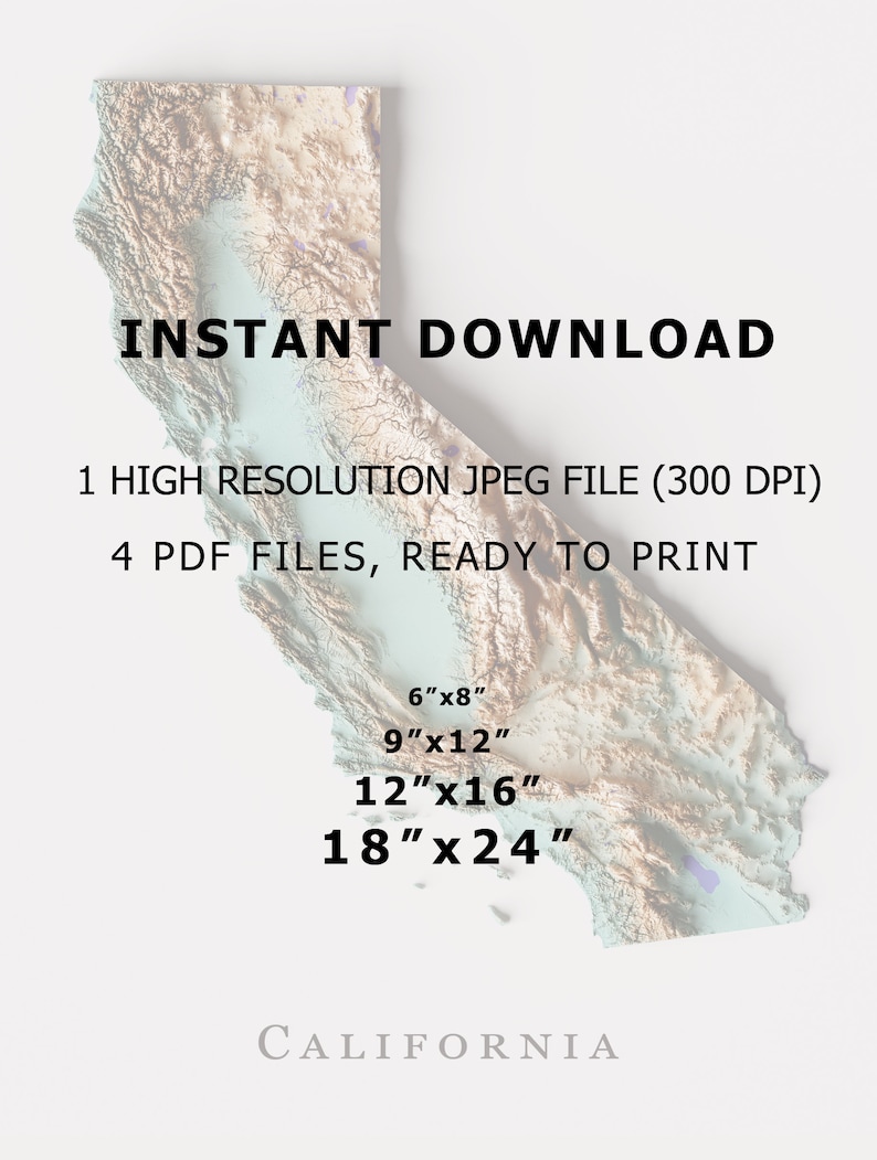 California Relief Map Printable Decor - Etsy