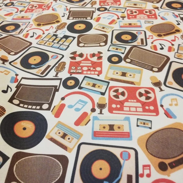 40's 50's 60's Retro Music Fabric by The Yard | Vinyl Player | Cassette Recorder | Vintage Microphone | Vintage Fabric | Sewing Fabric