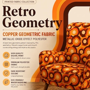 Tela geométrica naranja retro, tela de tapicería con estampado circular estilo años 70, tela de poliéster con estampado digital moderno de mediados de siglo cortada a medida.