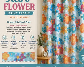 Retro Flower Curtain Fabric, Colorful 70s Floral Print Fabric by the Yard, Groovy Daisy Upholstery Fabric, Vintage Boho Polyester