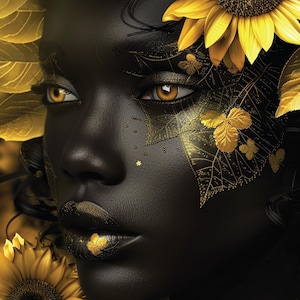 Sunflower Queens – Black Women Fabric Panel Collection, 3D Bold Afro Portraits, Sunflower Art Print, Square Digital Textile, DIY Projects