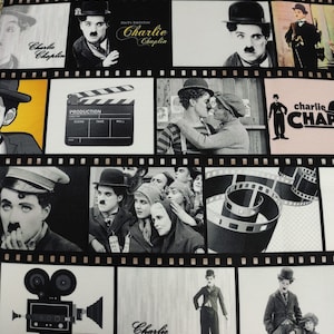 19 |Charlie Chapline Fabric by the Yard | Old Movie Print Fabric | Cinema Fabric | 40s 50s Vintage Drapery Sofa Chair Furniture Cushion