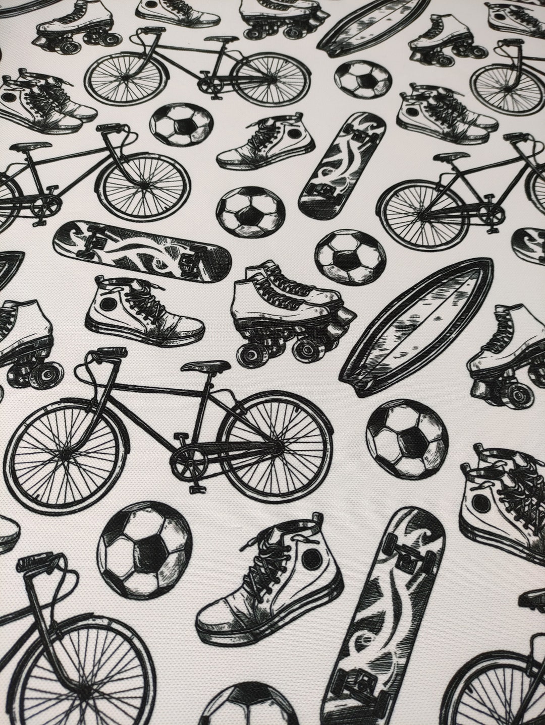 Sportstoffe Meterware, Handzeichnung Fahrrad,Fußball,Rollschuh