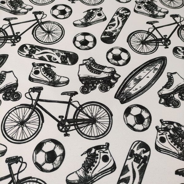 Sports fabrics by the yards, Hand Drawing Bicycle,Soccer Ball,Roller Skate,Skateboard | Upholstery Fabric, Sports icons, Sports shoes