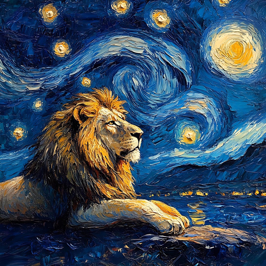 Van Gogh Style Lion Panel Fabric – Digital Print Fabric, Square ...