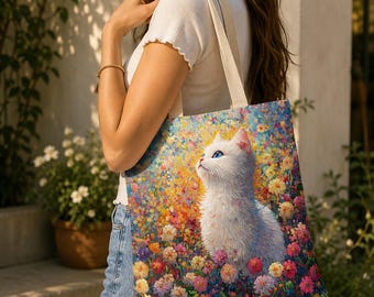 White Cat Floral Fabric Panel: Colorful Mosaic Print