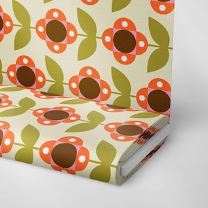 Retro Mod Flower Fabric – Orange Green 70s Floral Digital Print, Polyester Fabric | Print Fabric | Curtain