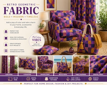 Retro Geometric Fabric, Purple Mid Century Upholstery, Boho Home Decor (Digital Print)