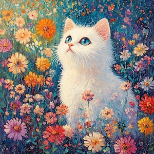 Panel de tela floral de gato blanco: impresión digital colorida