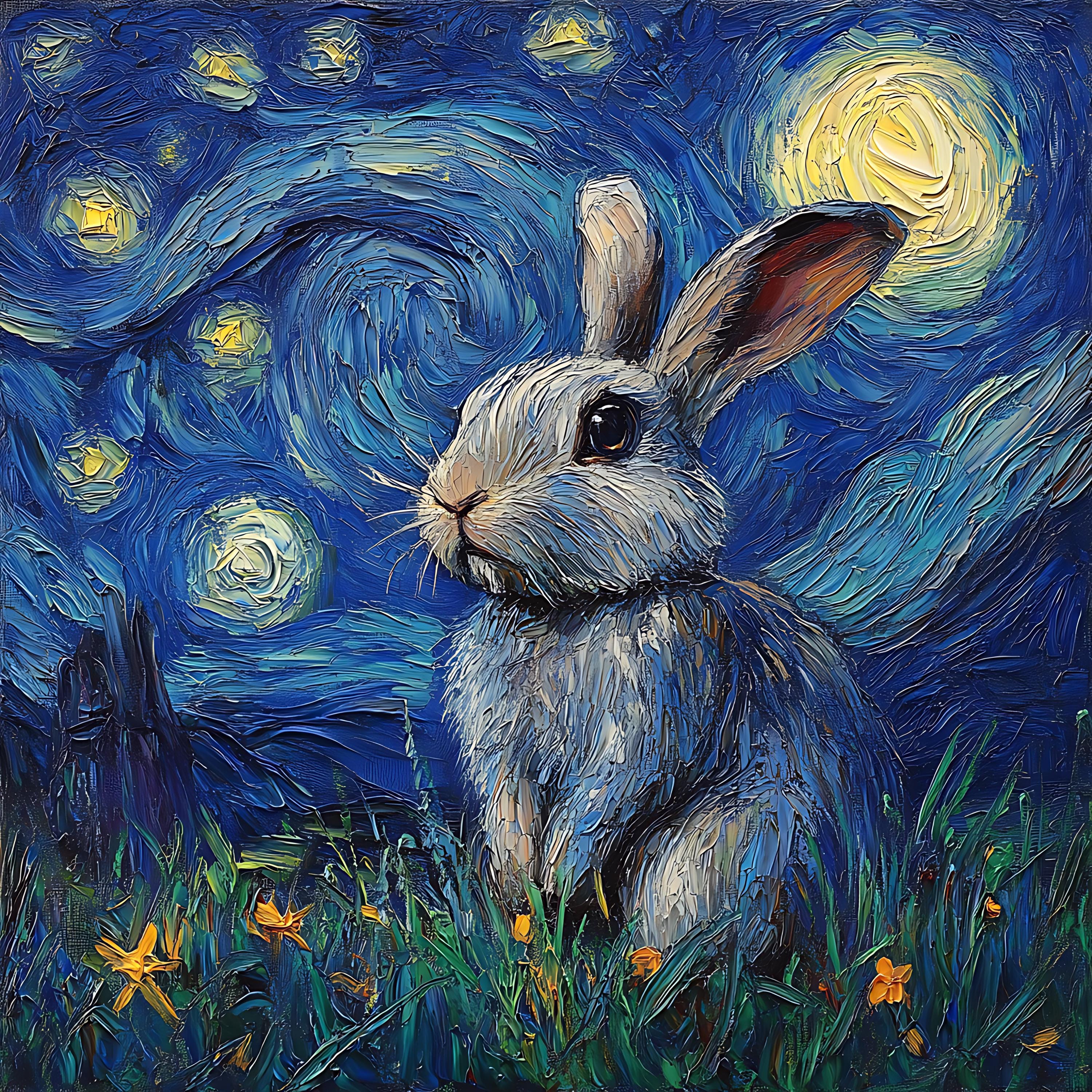 A Starry Rabbit Van Gogh Starry Night Rabbit Fabric Panel - Whimsical Bunny Print - Etsy