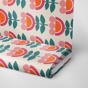 Retro Abstract Flower Fabric – Pink Orange Geometric Floral Digital Print, Polyester Fabric | Print Fabric | Curtain