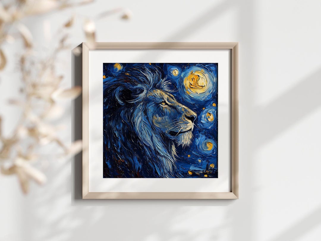 Van Gogh Lion Fabric Panel: Starry Night Style Digital Print - Etsy
