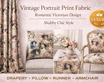 Tkanina w stylu vintage z portretami cięta na wymiar, tkanina damska w kwiaty w stylu shabby chic, tkanina romantyczna wiktoriańska, tkanina tapicerska Cottagecore