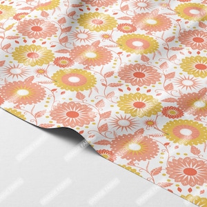 Retro Boho Floral – Bold Coral & Mustard Yellow Digital Print Fabric by the Yards
