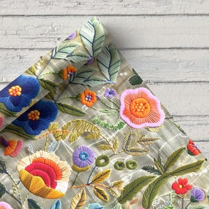 Botanical Embroidery Digital Print Fabric by the yards, Beige & Blue Floral Textile, Vintage Sewing  Home Decor Fabric