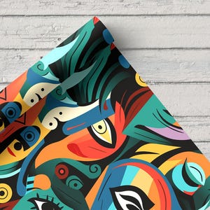 Bold Cubist Faces Fabric – Picasso Inspired Modern Art Print – 140 cm Print Width, Orange Fabric, Upholstery Fabric