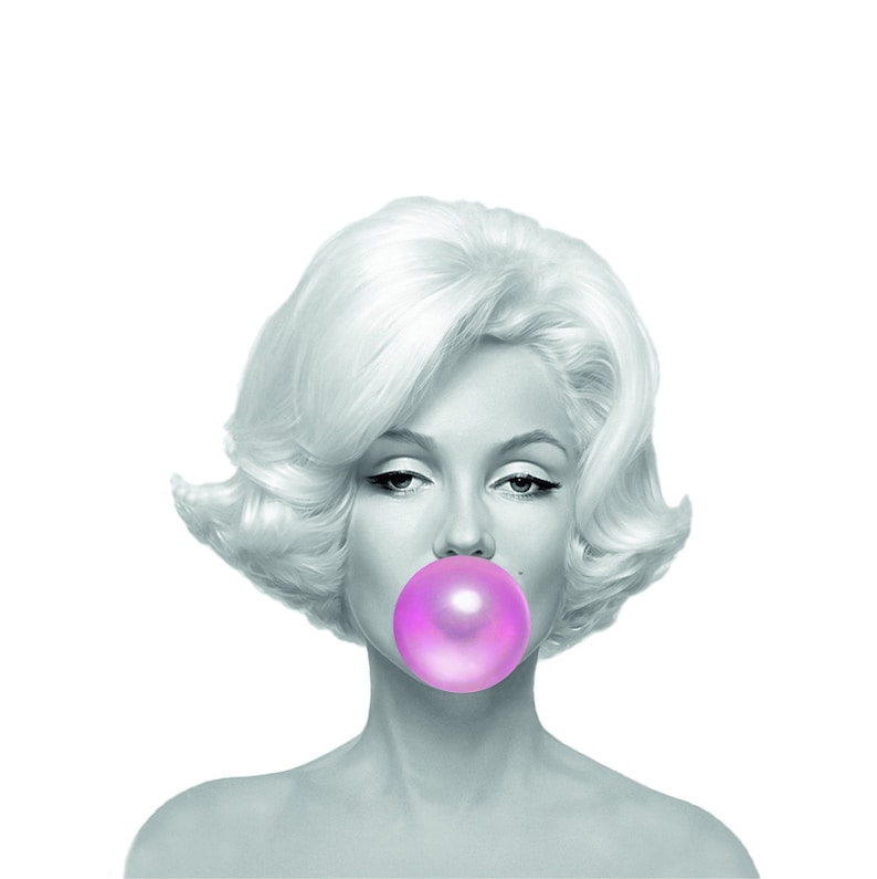 May include: A grayscale portrait of a woman with platinum blonde hair, blowing a large, vibrant pink bubble. The image is set against a clean white background, highlighting the bubble's color and the woman's features.