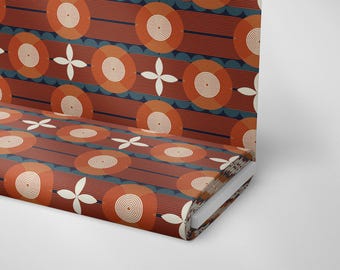 Mid Century Floral Stripe Polyester Fabric: Honeycomb Texture