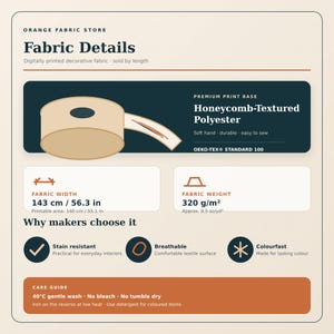 May include: An informational graphic for Orange Fabric Store detailing honeycomb-textured polyester fabric. It lists a width of 56.3 inches, a weight of 9.5 oz/yd&sup2;, and features including stain resistance, breathability, and colorfastness with care instructions.