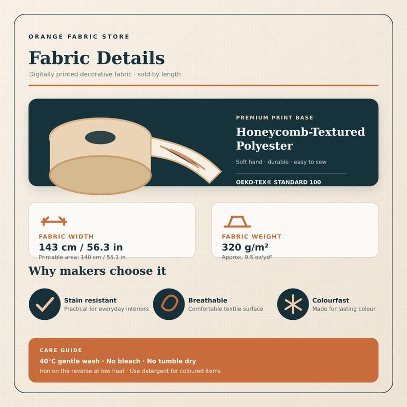 May include: An informational graphic for Orange Fabric Store detailing honeycomb-textured polyester fabric. It lists a width of 56.3 inches, a weight of 9.5 oz/yd&sup2;, and features including stain resistance, breathability, and colorfastness with care instructions.