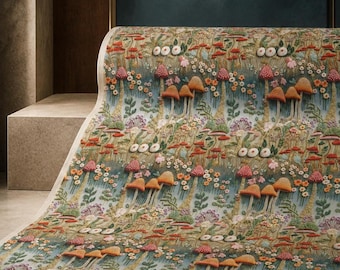 Mushroom Fabric, Cottagecore Woodland Floral Botanical Fabric by the Yard