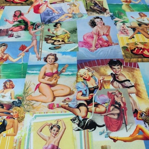 Pin up Girls Fabric by the yards | Vintage Girls | Summer Fabric | Old Retro Print Fabric | Swimwear Retro Mod Drapery Sofa Chair Furniture