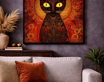 Cosmic Black Cat Fabric Panel: Mystical Golden Print