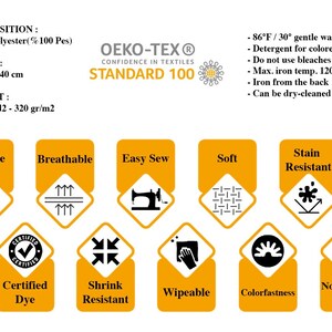 May include: A yellow diamond-shaped graphic with the text "Durable" and a hammer icon inside.  The graphic is surrounded by other yellow diamond-shaped graphics with icons and text, including "Breathable", "Easy Sew", "Soft", "Stain Resistant", "Certified Dye", "Shrink Resistant", "Wipeable", "Colorfastness", and "Non Stretch Fabric". The text "OEKO-TEX&reg; CONFIDENCE IN TEXTILES STANDARD 100" is at the top of the image.