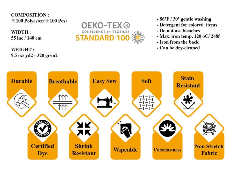 May include: A yellow diamond-shaped graphic with the text "Durable" and a hammer icon inside.  The graphic is surrounded by other yellow diamond-shaped graphics with icons and text, including "Breathable", "Easy Sew", "Soft", "Stain Resistant", "Certified Dye", "Shrink Resistant", "Wipeable", "Colorfastness", and "Non Stretch Fabric". The text "OEKO-TEX&reg; CONFIDENCE IN TEXTILES STANDARD 100" is at the top of the image.
