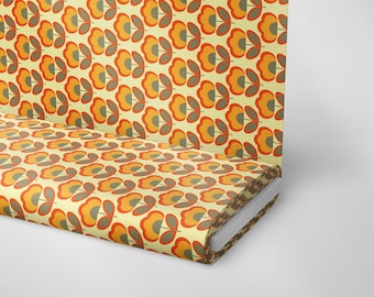Retro Floral Polyester Fabric: 1960s Orange Brown Flower Print