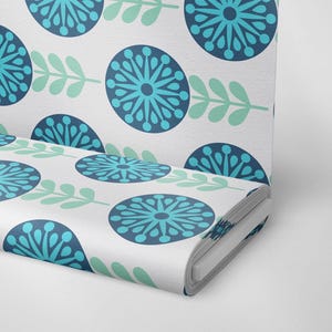 Retro Blue Floral Fabric: Scandinavian Midcentury Polyester Print