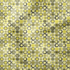 May include: A seamless pattern of yellow, green, and brown circles and squares on a white background. The pattern is slightly textured, giving it a vintage look.
