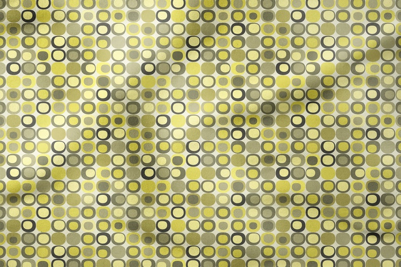 May include: A seamless pattern of yellow, green, and brown circles and squares on a white background. The pattern is slightly textured, giving it a vintage look.