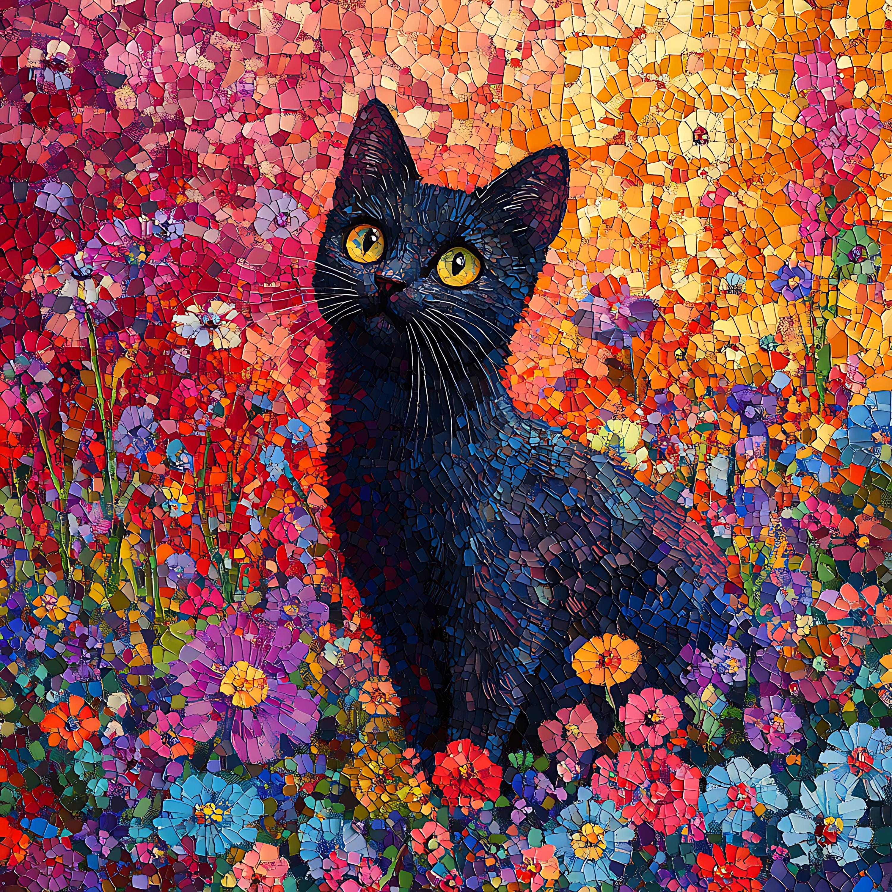 黒猫柄花柄ファブリックパネル：モザイク風デジタルプリント - Etsy 日本