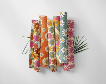 70s Floral Fabric: Retro Orange Brown Print, Upholstery Fabric