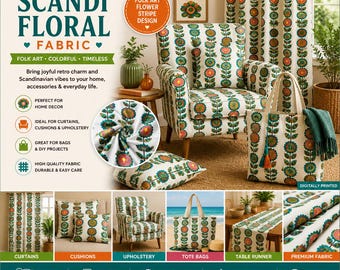 Retro Scandinavian Floral Fabric – Folk Art Stripe Upholstery Textile