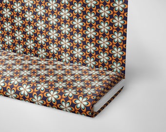Retro Floral Fabric: 1960s Orange Brown Polyester Sewing Fabric