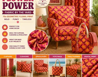 Retro Flower Power Fabric – 70s Geometric Floral Print Fabric by the Yard, Groovy Orange Pink Upholstery Fabric, Mid Century Modern Textile