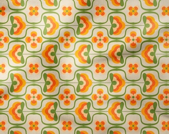 Retro Orange Green Flower Fabric – Vintage Style Digital Print on Honeycomb Textured Polyester – Mid Century Floral Pattern by the Yards