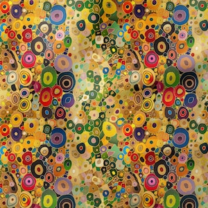 May include: Abstract fabric pattern featuring a repeating design of colorful circles and organic shapes. The design incorporates a palette of yellow, red, blue, green, and purple hues, creating a vibrant and artistic aesthetic.