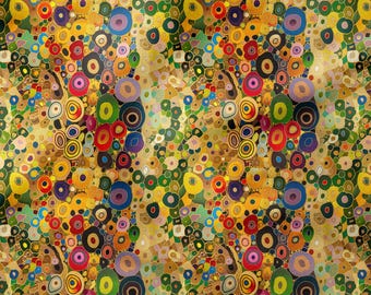 Golden Klimt Inspered Floral Yardage – Colorful Circles & Leaves Art Fabric