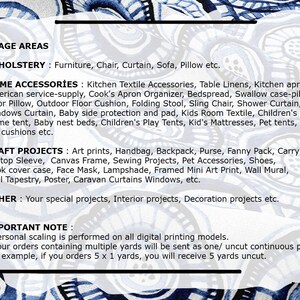 May include: A white text document with black text outlining usage areas for fabric. The document lists upholstery, home accessories, craft projects, and other uses for fabric. The document also includes an important note about scaling and yardage.