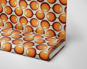70s Retro Printed Fabric by the Yard, Orange Brown Mod Circle Mid Century Textile